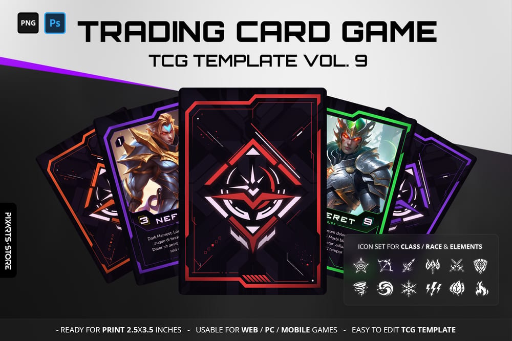 Premium sci-fi neon TCG template UI kit showcasing futuristic HUD card borders and geometric mech layouts.