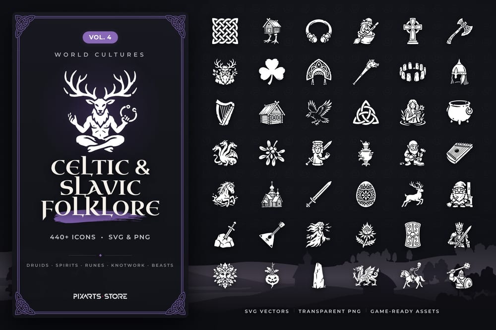 Celtic & Slavic Icons Vol.4 cover – 448 Celtic & Slavic Folklore game icons in SVG and PNG, white and black