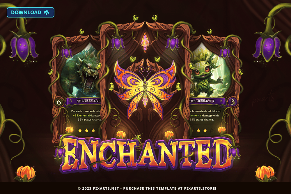 Hand-painted enchanted nature trading card game template UI kit showcasing wooden frames, magical vines, and butterfly card back.