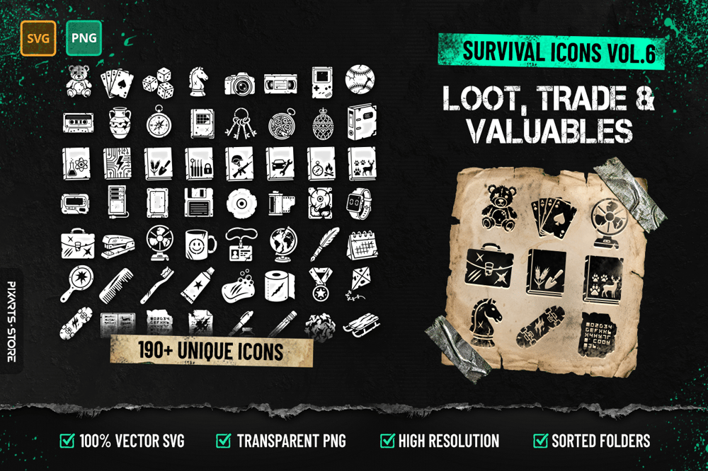 Survival Icons Vol.6 Loot, Trade & Valuables cover showing 190+ survival icons including collectibles, trade goods, documents and valuable items in SVG and PNG format