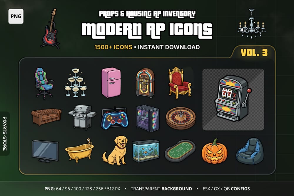 Modern RP Icons Vol.3 Props & Housing cover with FiveM item icons for furniture, decor, appliances, kitchen, garden, pets and casino props on a transparent background