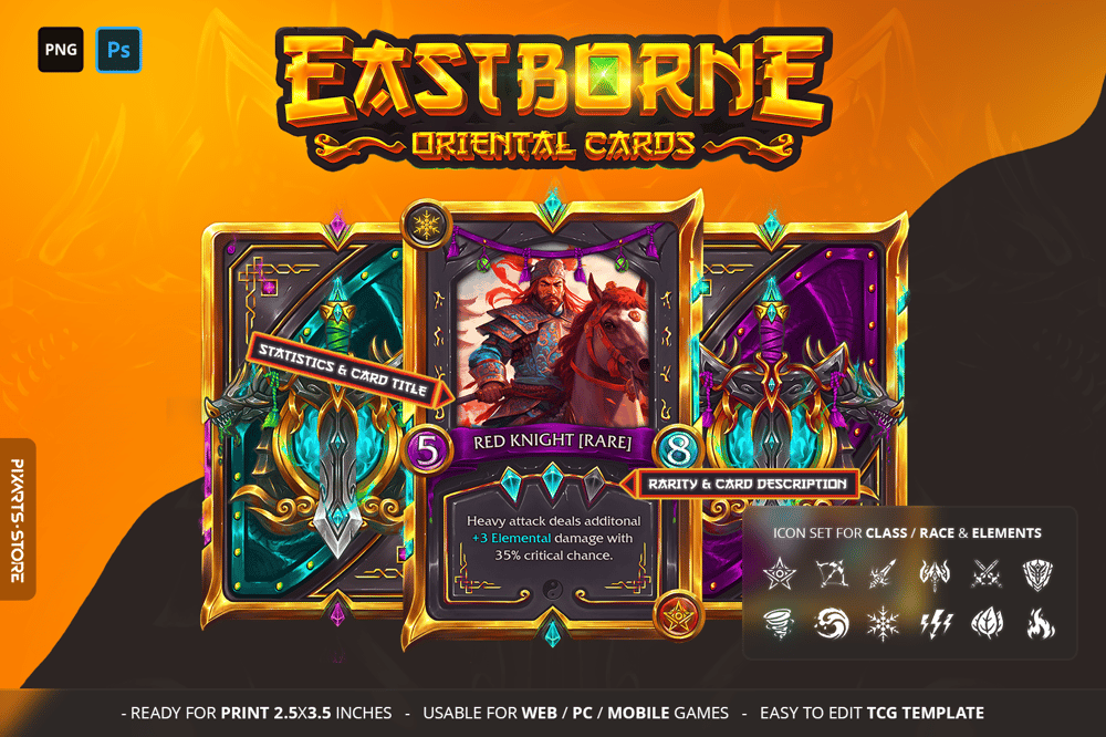 Premium Eastborne oriental trading card game template UI kit showcasing golden asian fantasy borders, jade gems, and wuxia RPG layouts.