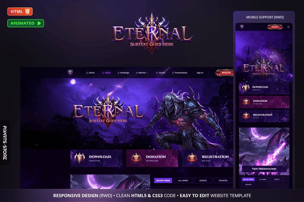 Eternal dark fantasy MMORPG website template – purple gold design with animated video header variants