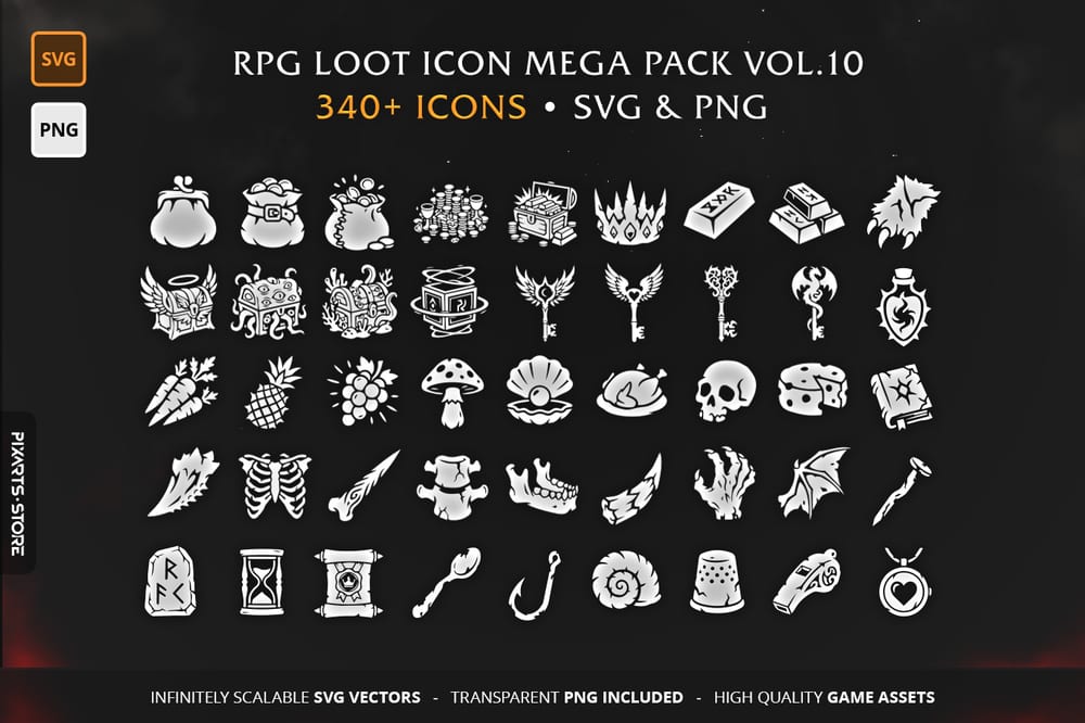 RPG Loot & Food Vol.10 - MEGA PACK containing 340+ vector game icons for economy, food, and survival UI in SVG and PNG format
