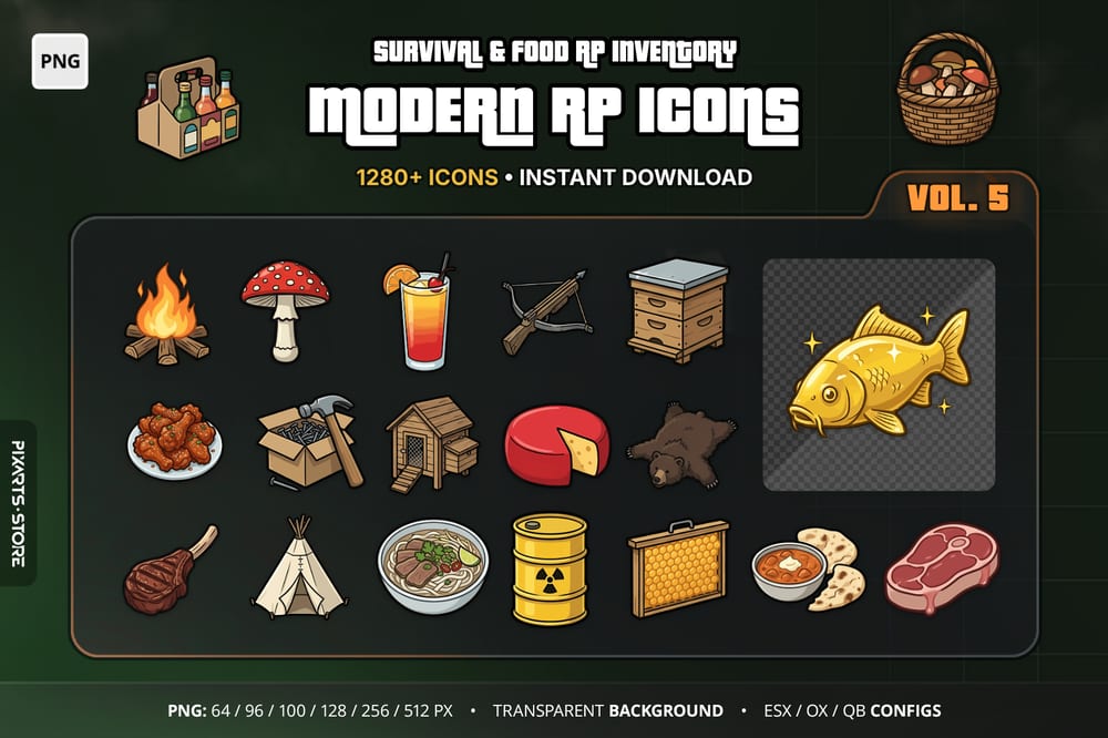 Modern RP Icons Vol.5 Survival, Farming & Food cover with FiveM inventory icons for food, drinks, camping, fishing, hunting and farming items