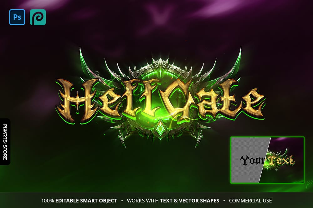 Metin2 Logo Template - Hellgate Green Edition. Toxic green text effect (PSD) in Fel Magic style for MMORPG servers.