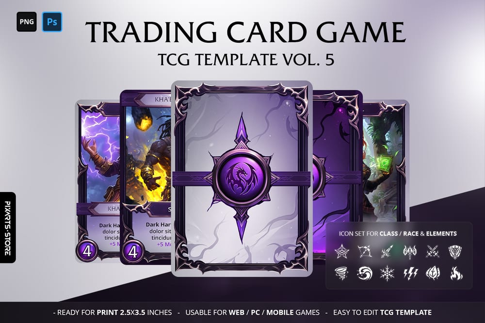 Premium arcane void trading card game template UI kit showcasing deep purple aesthetics and polished silver card borders.