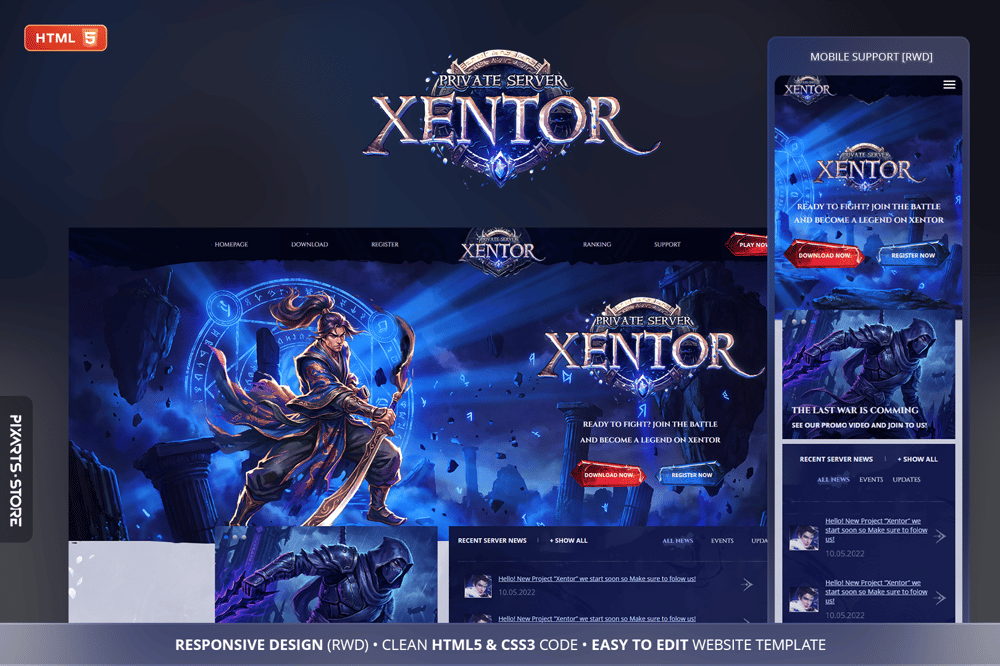 Xentor celestial MMORPG game website template – sapphire blue design with server wiki and rankings