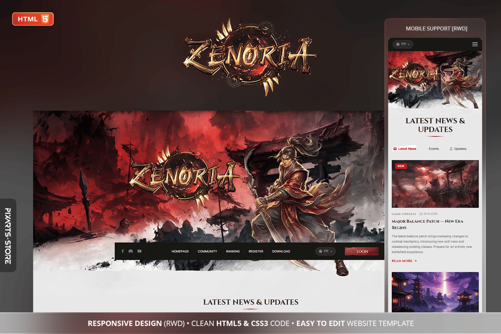 Zenoria oriental martial arts MMORPG website template – red and gold design with item shop and rankings