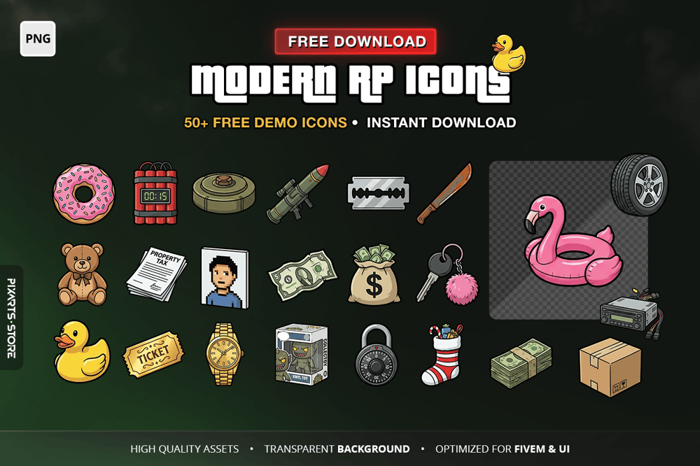 Free Modern RP Icons FiveM starter pack cover showing 50+ free inventory icons including weapons, food, money and roleplay items with transparent backgrounds for FiveM ESX QB-Core and Ox Inventory