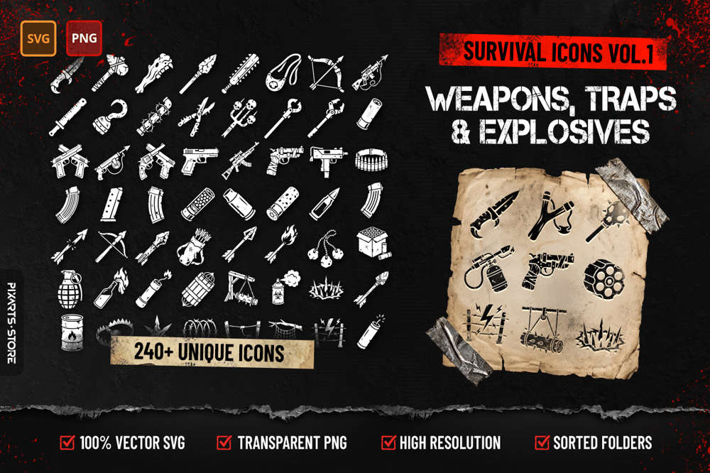 Survival Icons Vol.1 Weapons, Traps & Explosives cover showing 240+ post-apocalyptic weapon icons including melee weapons, firearms, traps and explosives in SVG and PNG format