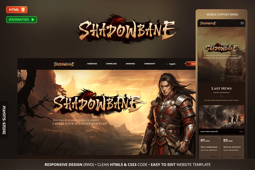 Shadowbane animated MMORPG private server template – dark oriental cinematic video header design
