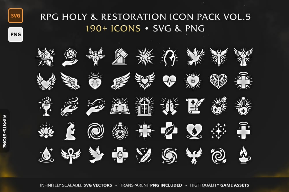 RPG Holy & Restoration Vol.5 - Collection of 190+ vector game icons, including healing spells, sacred crosses, and paladin RPG icons in SVG and PNG format