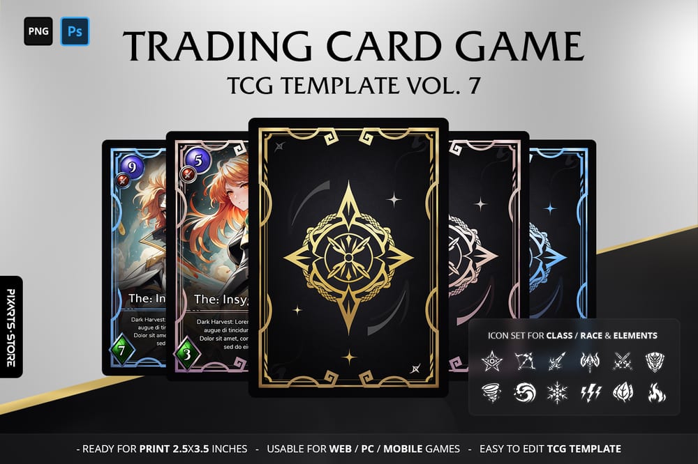 Premium modern anime celestial CCG template UI kit showcasing geometric star card borders and clean gacha game layouts.