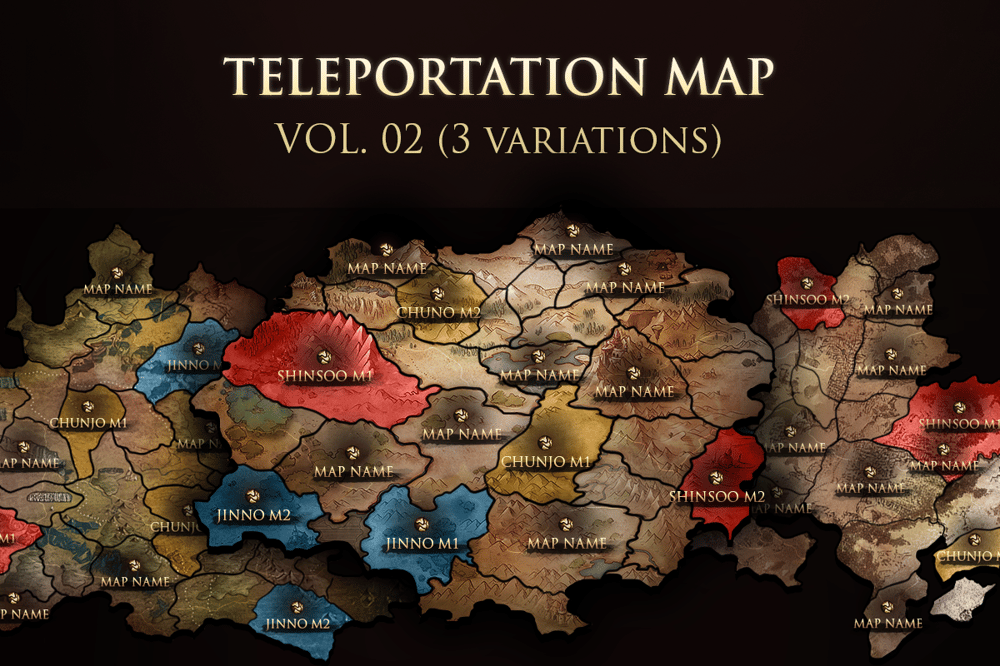 MMORPG teleportation world map PSD template Vol.02 with three parchment and terrain variations showing Shinsoo, Chunjo and Jinno empire color zones on a tactical old-world atlas
