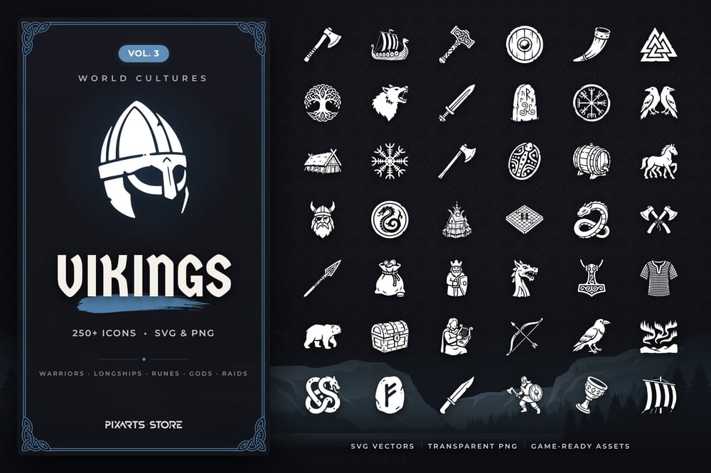 Viking Icons Vol.3 cover – 256 Vikings game icons in SVG and PNG, white and black