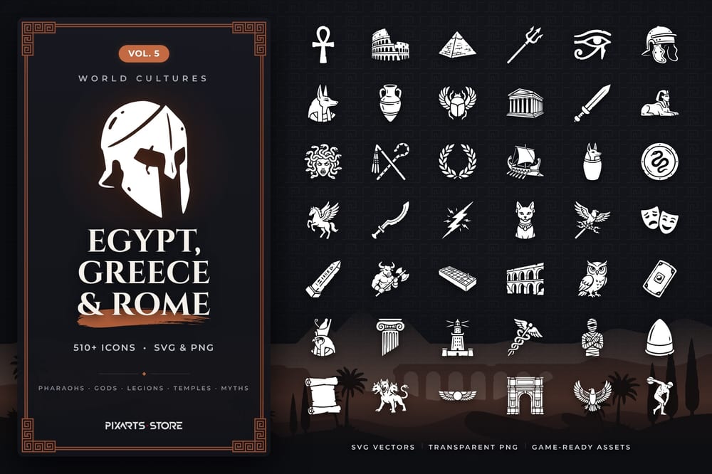 Egyptian, Greek & Roman Icons Vol.5 cover – 510 Egypt, Greece & Rome game icons in SVG and PNG, white and black