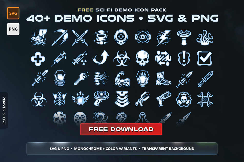 Free Sci-Fi Icon Starter Pack cover showing 40+ demo cyberpunk icons including combat skills, gear, inventory items and UI essentials in SVG and PNG format with 6 color variants