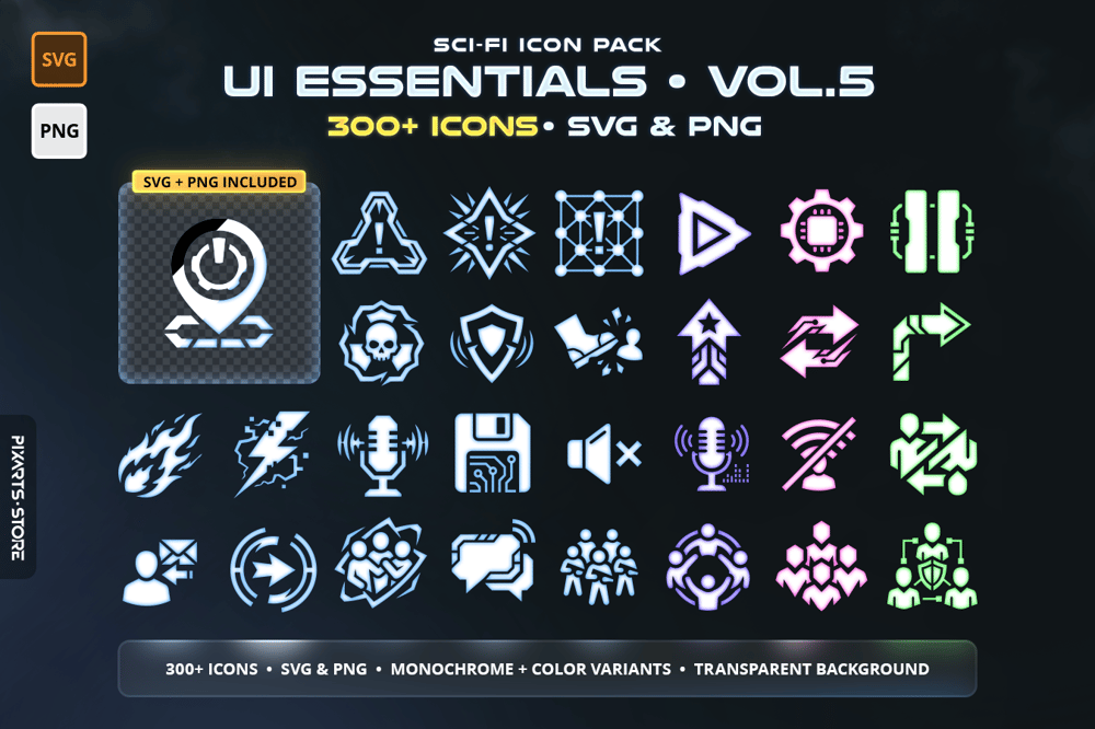 Sci-Fi UI Essentials Icon Pack Vol.5 – 300+ futuristic game UI icons including tactical alerts, navigation arrows, crosshairs and achievement badges. SVG and PNG with 6 color variants.