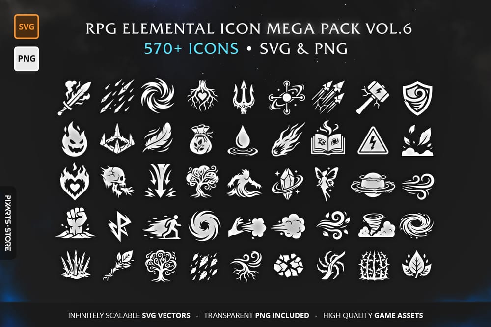 RPG Elemental Magic Vol.6 - MEGA PACK containing 570+ vector game icons for spells, abilities, and magic elements in SVG and PNG format