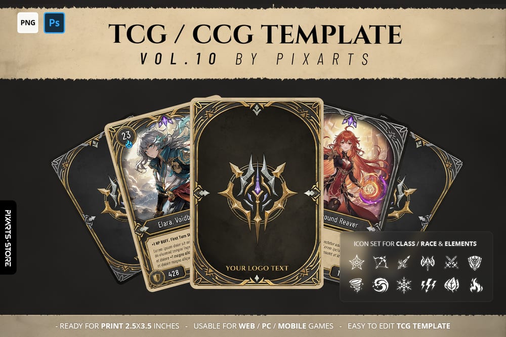 Premium royal dark fantasy TCG template UI kit showcasing dark gold card borders and strategy RPG combat layouts.