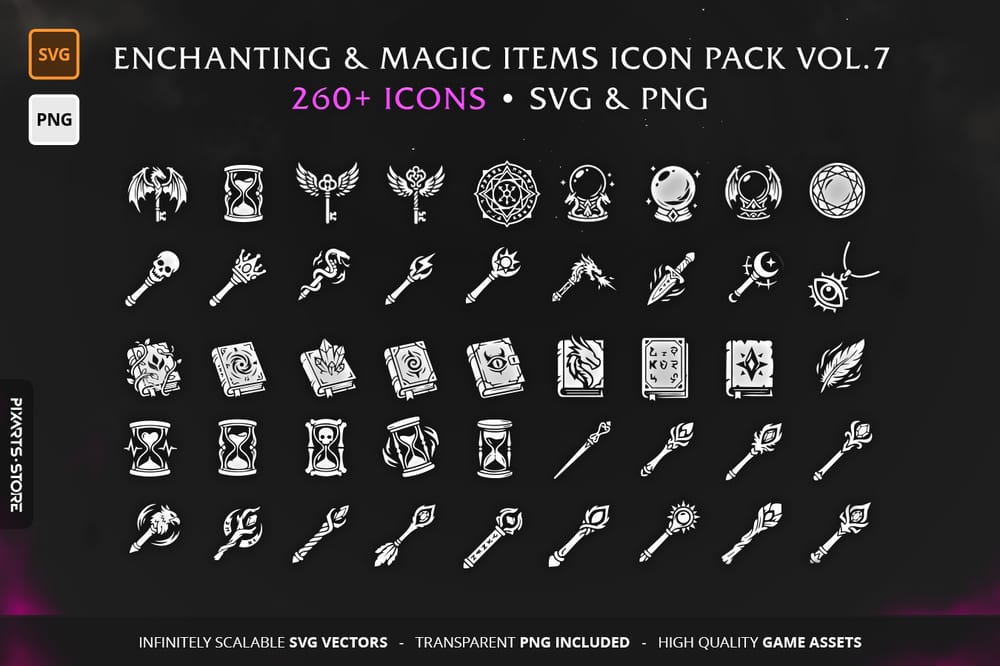 RPG Enchanting Vol.7 - Collection of 260+ vector game icons, including magic rings, spellbooks, and inventory RPG icons in SVG and PNG format