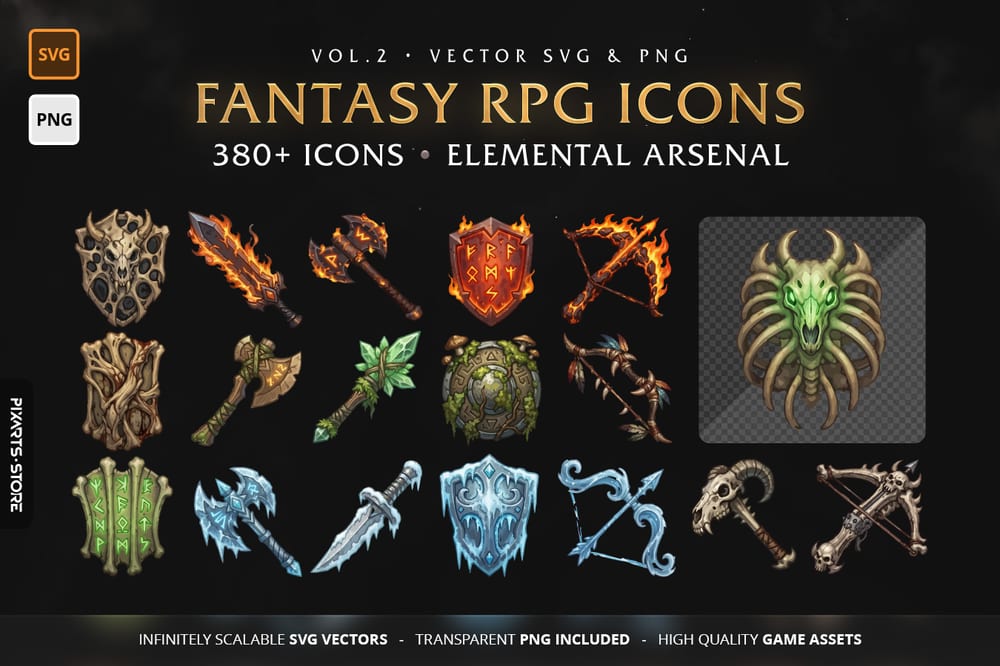 Fantasy RPG Icons Vol.2 Elemental Arsenal cover showing 380+ fire, ice, nature and necromancer weapons including axes, swords, shields and staves in painterly SVG and PNG format