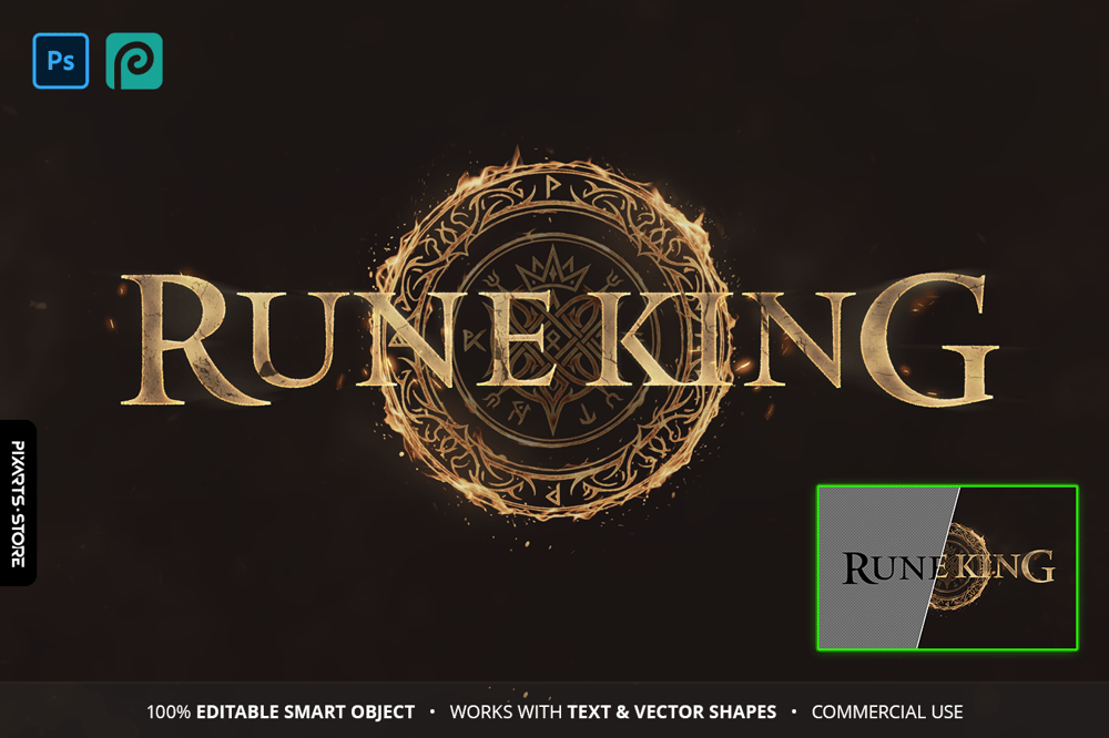 Rune King dark fantasy Souls-like game logo template with tarnished gold text effect, glowing ancient rune circle emblem and cinematic dark background