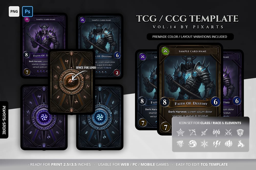 Premium dark steel runic TCG template UI kit featuring heavy metal borders and glowing ancient runes for dungeon crawler games.