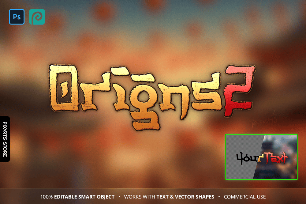 Origins oriental MMORPG game logo template with heavy gothic Asian script worn gold texture and red accent editable in Photoshop and Photopea