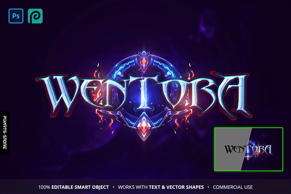 Wentora dark blue fantasy MMORPG game logo template with hand-drawn circular emblem, magic lightning and glowing text effect