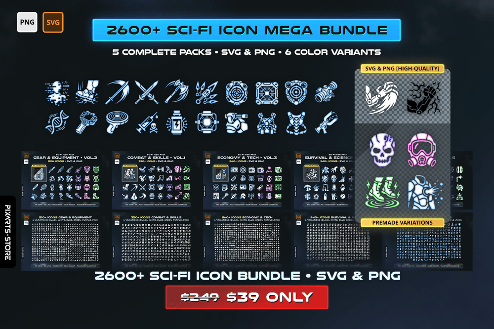 Ultimate Sci-Fi Game Icon Mega Bundle Vol.1-5 cover showing 2600+ cyberpunk icons including combat skills, gear, weapons, inventory items and UI essentials in SVG and PNG format with 6 color variants