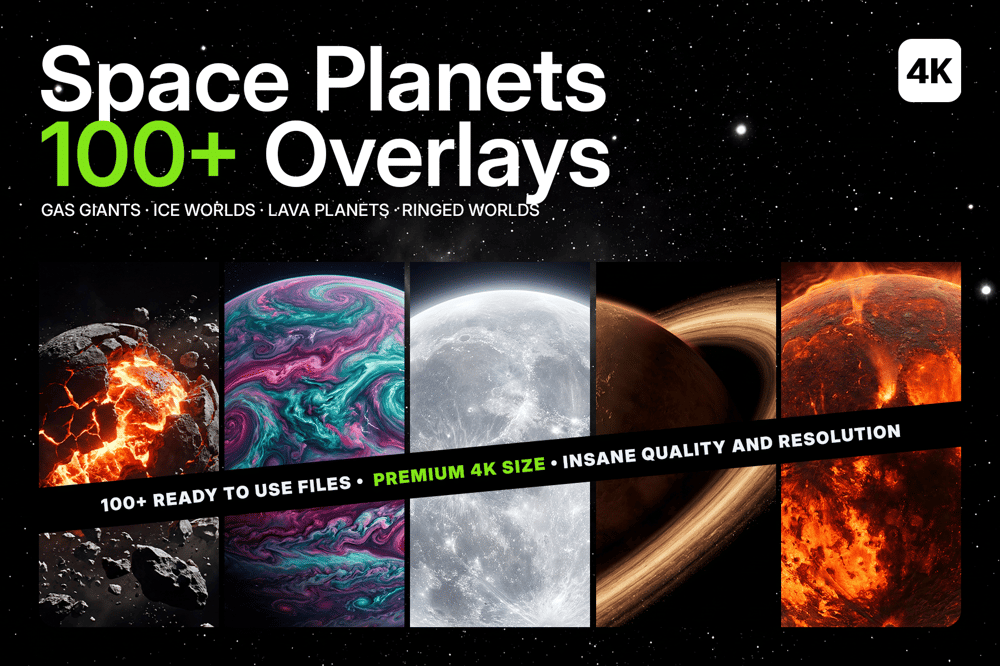 Space Planets Overlays pack cover — 100+ fictional planet images with gas giants, ice worlds, lava planets and ringed worlds, up to 5K
