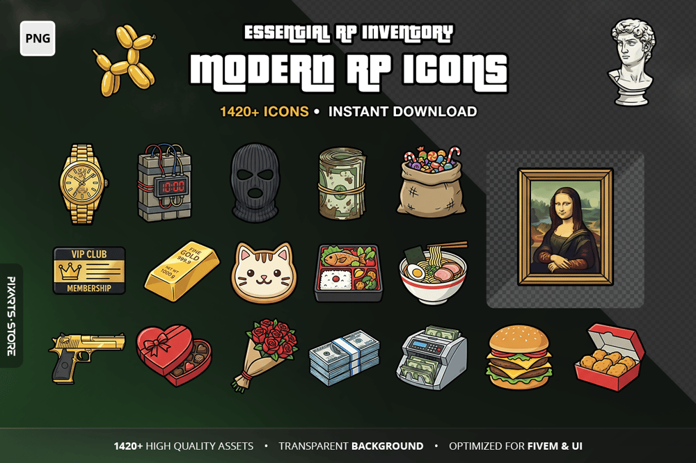 Modern RP Icons FiveM inventory pack with 1420+ premium PNG icons covering food, weapons, crime, jobs and lifestyle items with transparent backgrounds optimized for FiveM ESX QB-Core and Ox Inventory