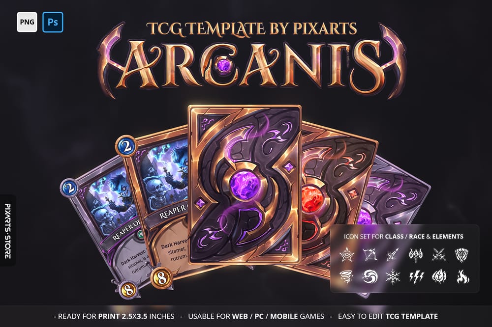 Premium Arcanis golden magic trading card game template UI kit showcasing hand-painted golden borders and Hearthstone-style layouts.