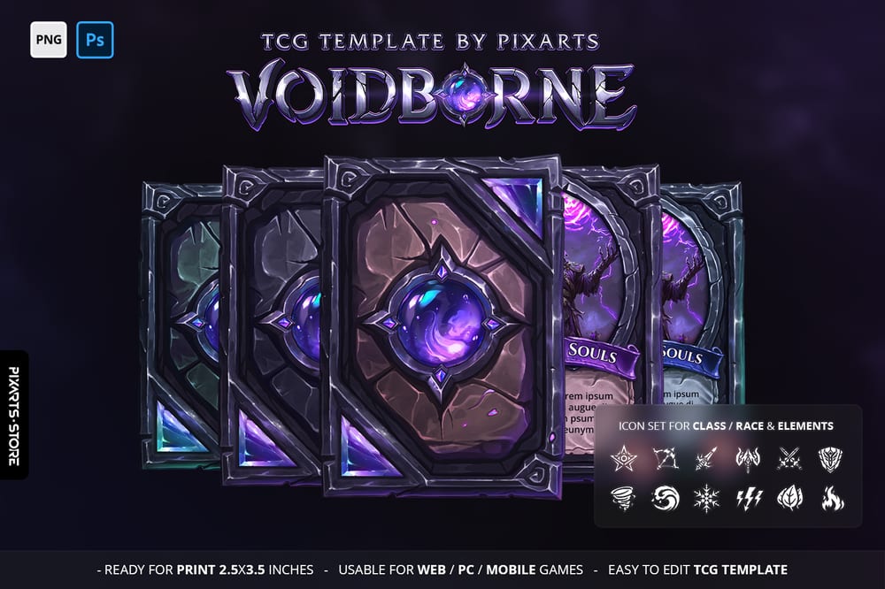 Premium voidborne trading card game template UI kit showcasing hand-painted dark stone borders and heavy obsidian layouts.