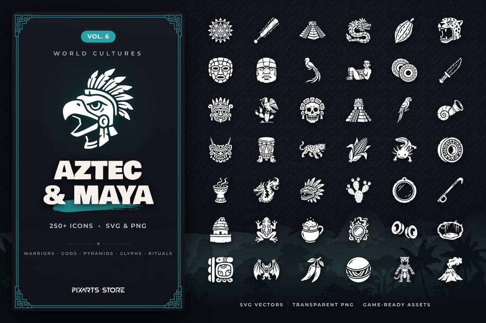 Mayan & Aztec Icons Vol.6 cover – 256 Aztec & Maya game icons in SVG and PNG, white and black