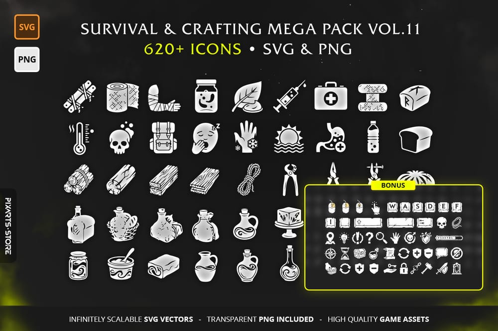 Survival & Post-Apo Vol.11 - MEGA PACK containing 620+ vector game icons for crafting, UI, and zombie survival games in SVG and PNG format