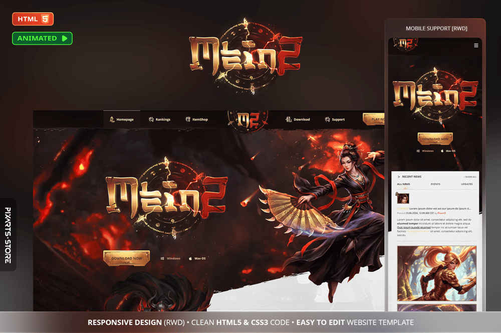 M2World oriental MMORPG game website template – classic red gold design with integrated item shop panel
