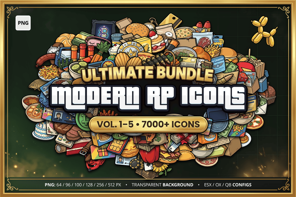 FiveM Icon Pack Bundle – 7000+ Inventory Icons + 224 UI | Modern RP Vol.1–5
