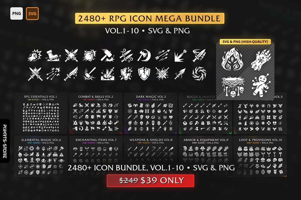 Ultimate RPG Game Icon Mega Bundle – 2400+ Vectors (SVG & PNG) Vol. 1-10