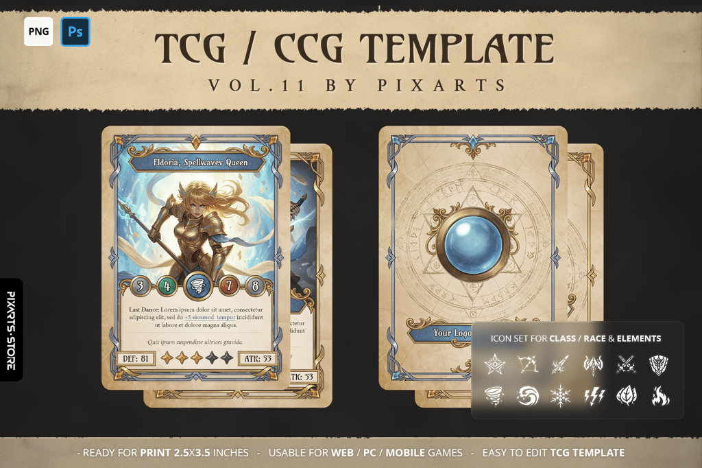 Classic RPG Fantasy Trading Card Game Template (PNG/PSD) – Vol. 11