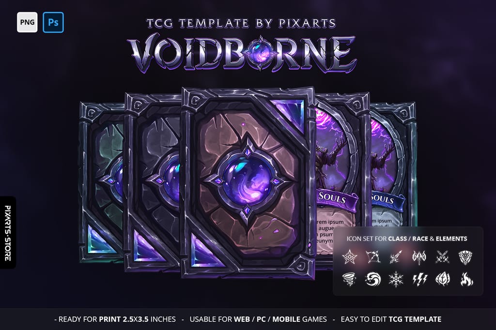 Voidborne Dark Stone Trading Card Game Template (PNG/PSD) – Vol. 4