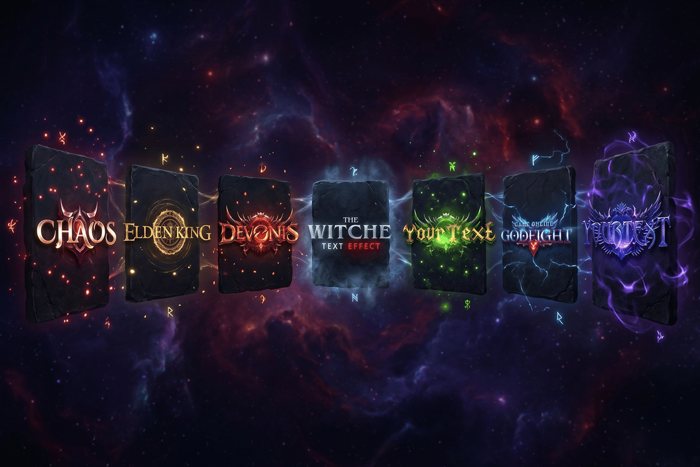 Best game logo templates for MMORPG servers - floating cosmic cards showing different fantasy styles