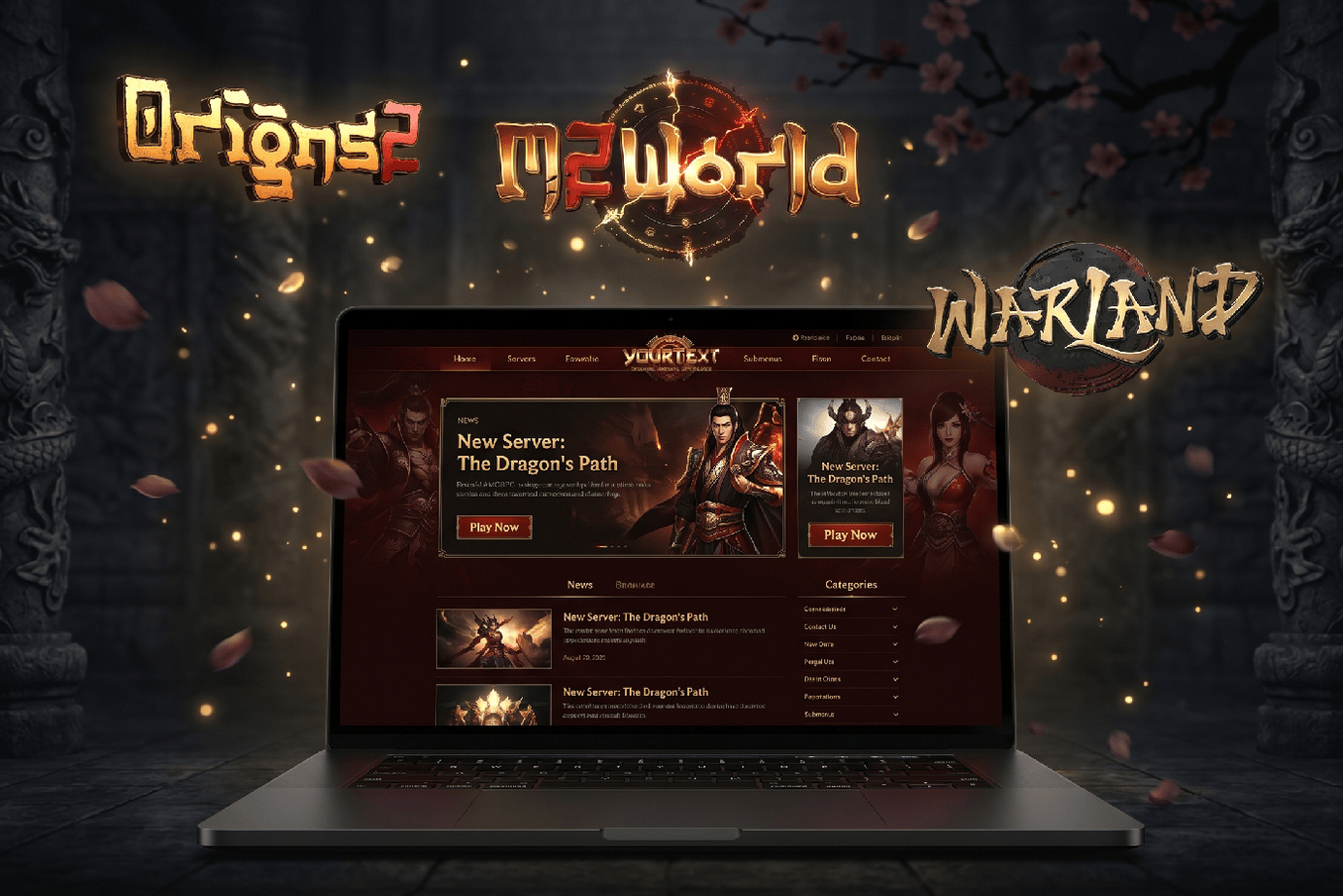 Metin2 logo and website templates - oriental MMORPG branding with Origins, M2World and Warland logos