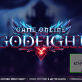 GodFight metallic chrome fantasy MMORPG game logo template with blue crystal wings and glowing red emblem