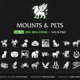RPG Mounts & Pets Icons Vol.16 – 256 vector game icons: horses, flying and water mounts, mount armor, pets, pet food and stable animals, in SVG and PNG