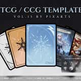 Premium modern anime gacha TCG template UI kit showcasing elemental card backs, full-art character layouts, and 5-star rarity system.