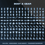 Sci-Fi Gear & Equipment Vol.2 Body & Gear category showing exo-armor chest plates, combat gloves, nano-suits, tactical boots, jetpack rigs and arm augmentation icons