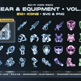 Sci-Fi Gear & Equipment Icon Pack Vol.2 – 510+ cyberpunk gear icons including exo-armor, helmets, plasma weapons and cybernetic implants. SVG and PNG with 6 color variants.